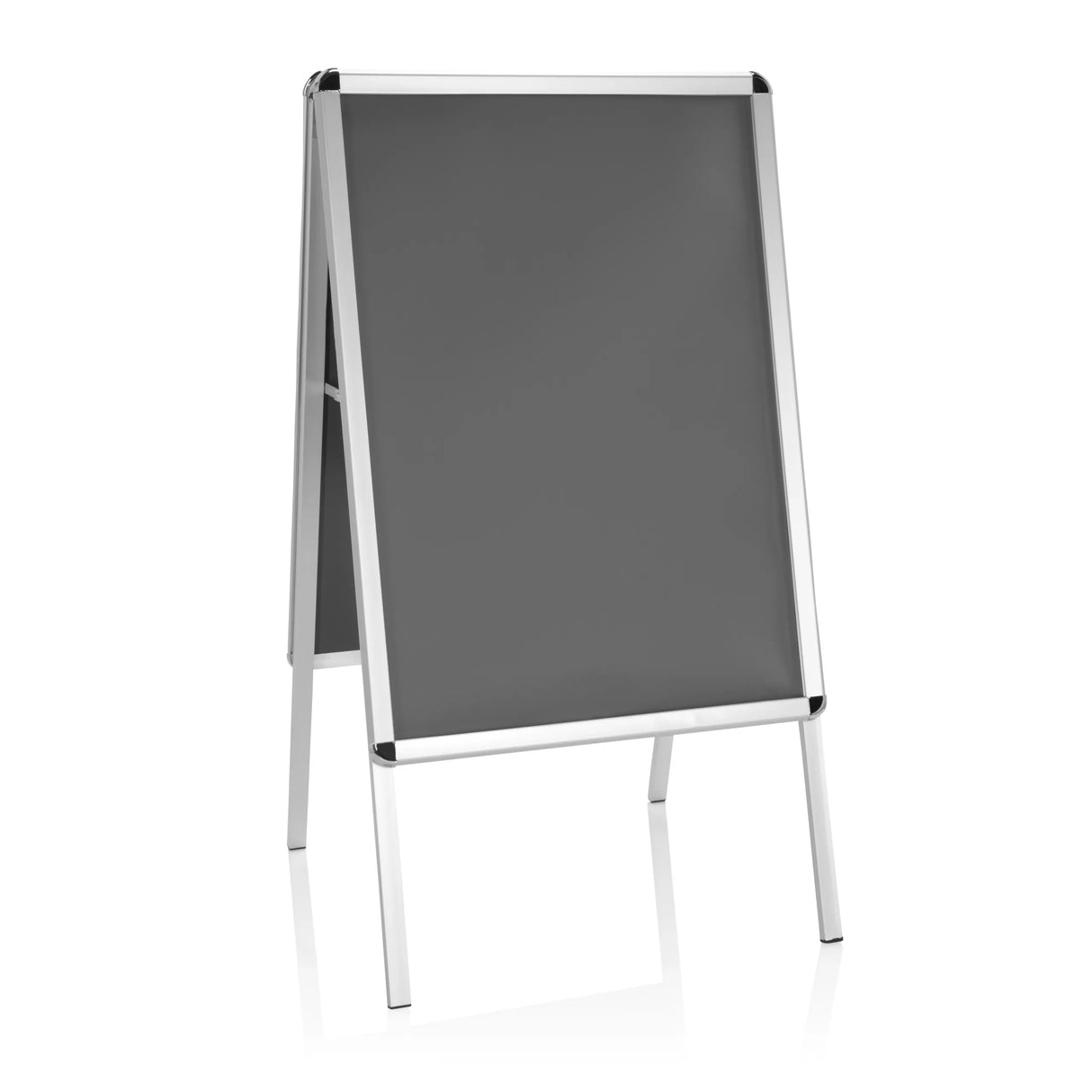 Grauer Plakatständer AGENDA II mit Aluminiumrahmen und zwei Standfüßen von hjh OFFICE – 360-Grad-Ansicht (Frontansicht 20°)