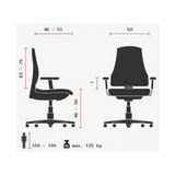 Technische Zeichnung des High-End-Bürostuhls ZERO L15 AL mit maximal 125 kg Traglast von Sitwell Steifensand