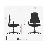 Technische Zeichnung des Profi-Bürostuhls SITNESS PRO AL.P4 mit einer maximalen Belastbarkeit von 110 kg von Topstar