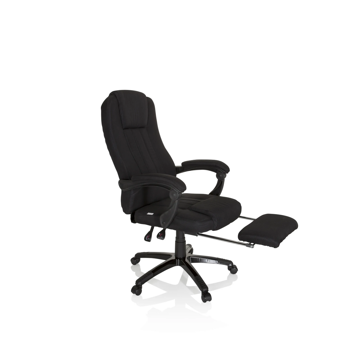 Schwarzer Homeoffice Chefsessel RELAX CL190 mit Armlehnen und Fußkreuz mit fünf Rollen von MyBuero – 360-Grad-Ansicht (schräge Frontansicht 60°)