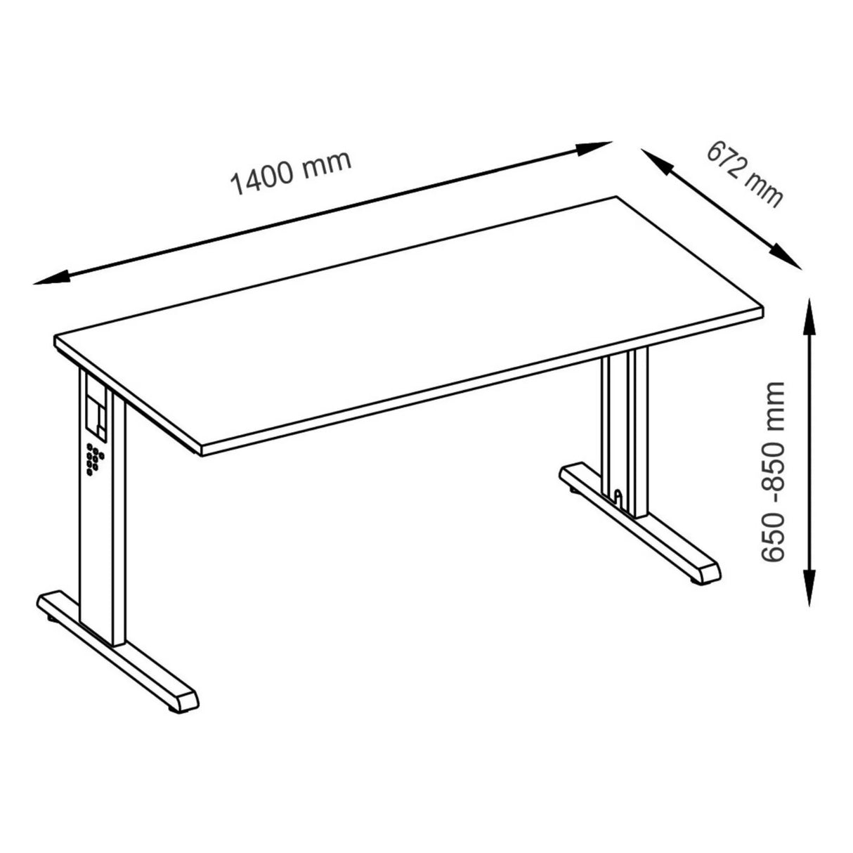 Maßzeichnung des höhenverstellbaren Schreibtischs MEGA 614 W mit den Maßen 1400 x 672 mm von hjh OFFICE PRO