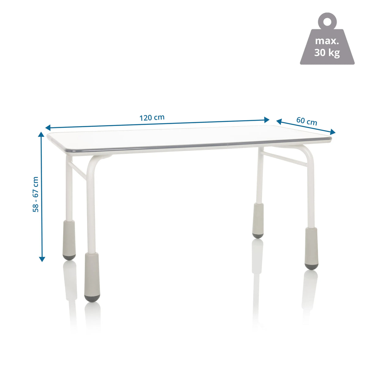 Maßzeichnung des Kinderschreibtischs KID GRO T mit 120 x 60 cm und einer Belastbarkeit von 30 kg von hjh OFFICE