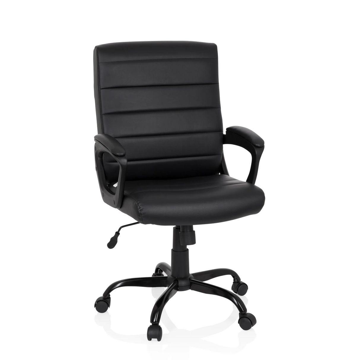 Schwarzer Homeoffice Chefsessel ERGOSMOOTH BIG mit gesteppter Polsterung und Fußkreuz mit fünf Rollen von hjh OFFICE – 360-Grad-Ansicht (Frontansicht 20°)