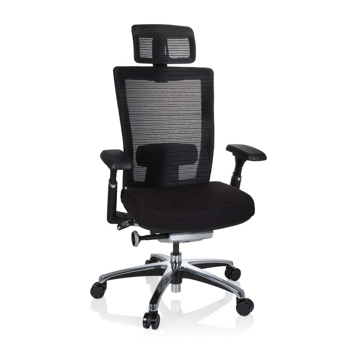 Schwarzer High-End-Bürostuhl NOVA PRO I mit Netzrücken und Fußkreuz mit fünf Rollen von hjh OFFICE – 360-Grad-Ansicht (Frontansicht 20°)