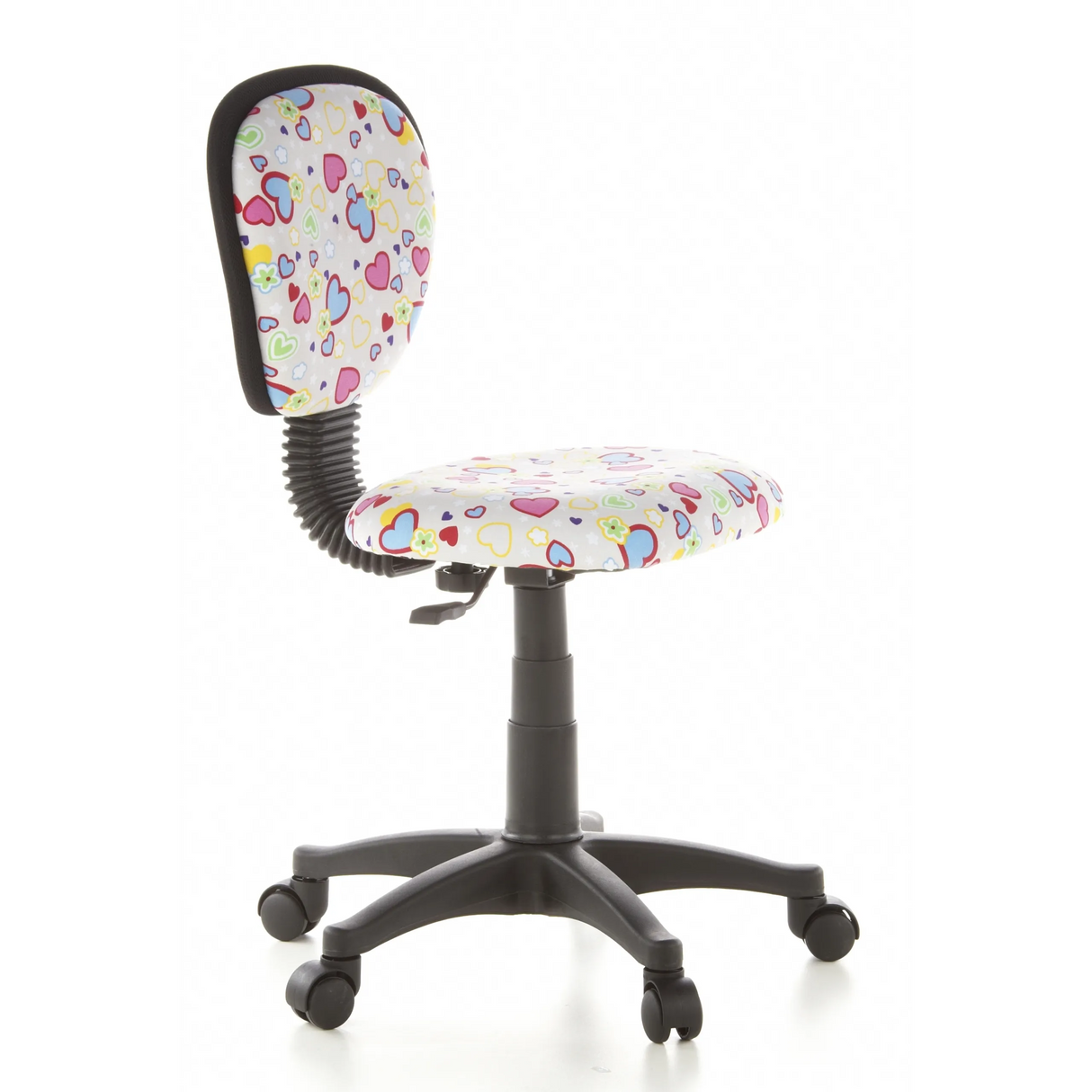 Kinderdrehstuhl KIDDY TOP mit buntem Herz- und Blumenmuster sowie Fußkreuz mit fünf Rollen von hjh OFFICE – 360-Grad-Ansicht (schräge Frontansicht 60°)