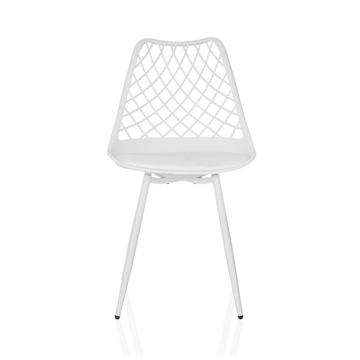 Weißer Outdoor-Stuhl BEGIO S mit gitterförmiger Rückenlehne und vier Beinen von hjh LIVING – 360-Grad-Ansicht (Frontansicht 0°)