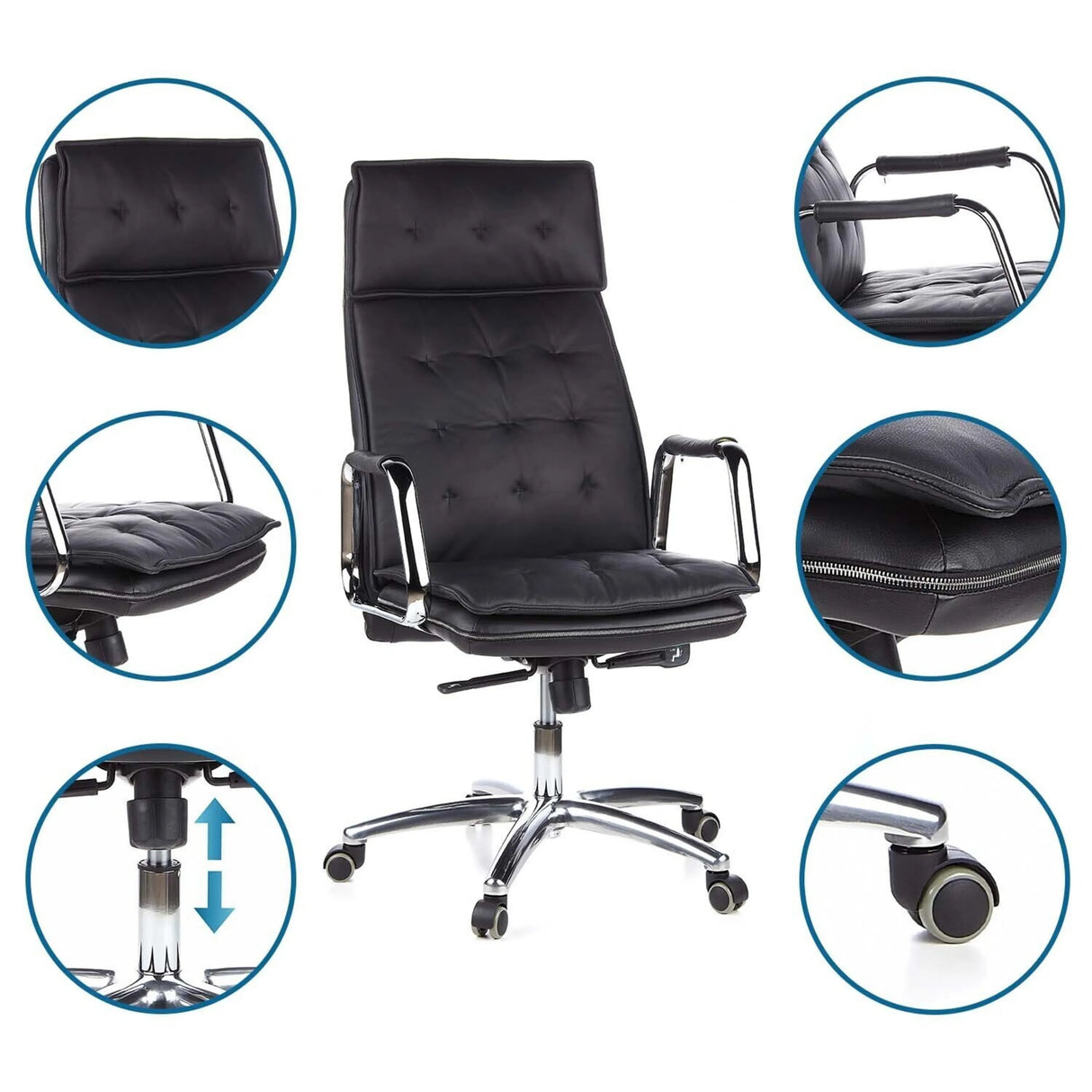 Profi-Chefsessel VILLA 20 in Schwarz mit Detailansichten der Polsterung, Gasfeder und Rollen von hjh OFFICE
