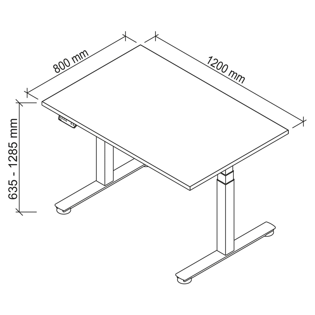Technische Zeichnung des Schreibtischs XDSM 12 G mit 1200 x 800 mm von hjh OFFICE PRO