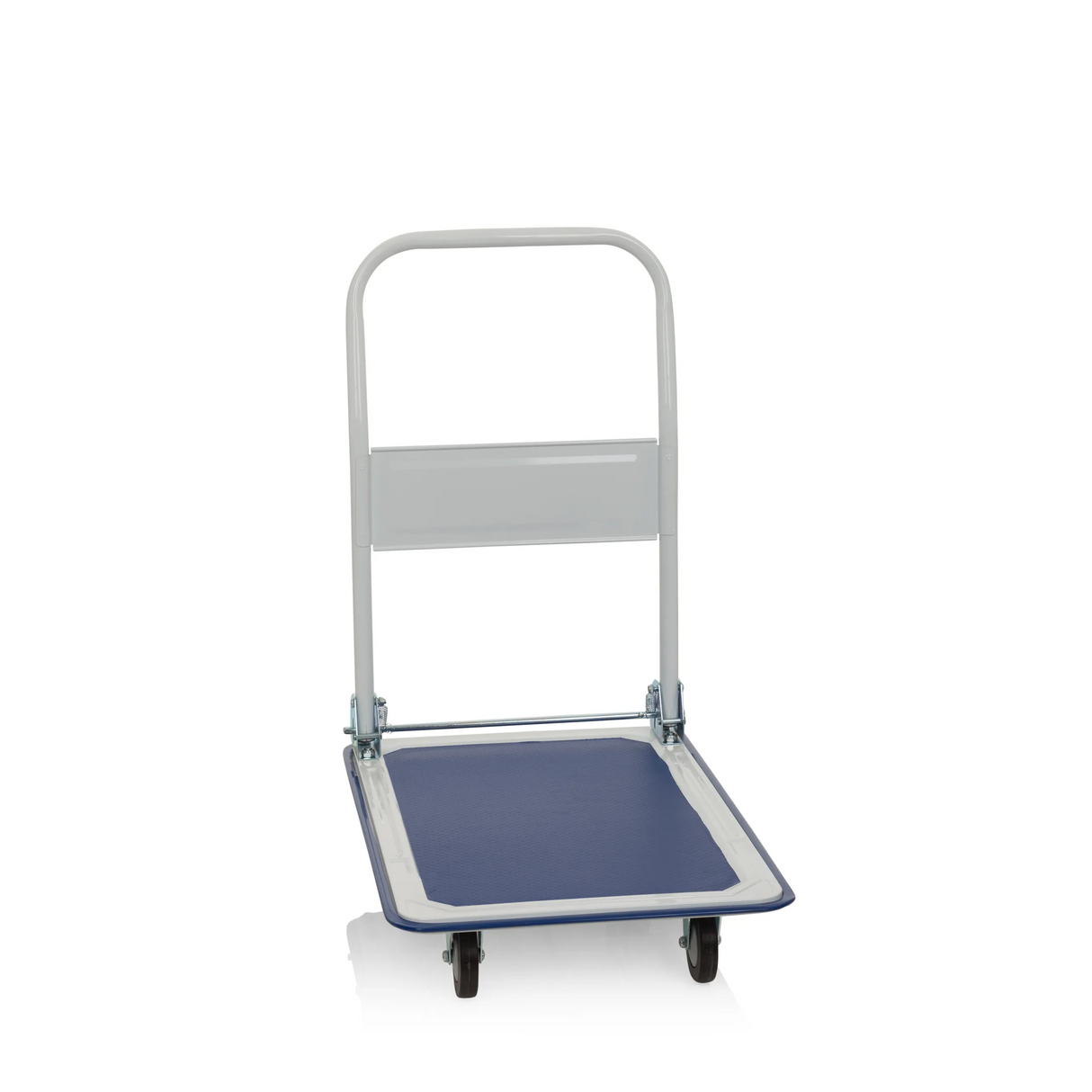 Blau-weißer Plattformwagen CARRY mit klappbarem Griff und vier Rollen von hjh OFFICE – 360-Grad-Ansicht (schräge Frontansicht 60°)