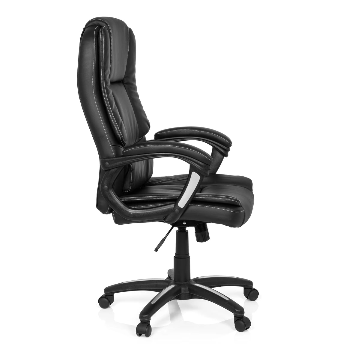Schwarzer Homeoffice-Bürostuhl RELAX CL120 mit Polsterung und Fußkreuz mit fünf Rollen von MyBuero – 360-Grad-Ansicht (Seitenprofil 80°)