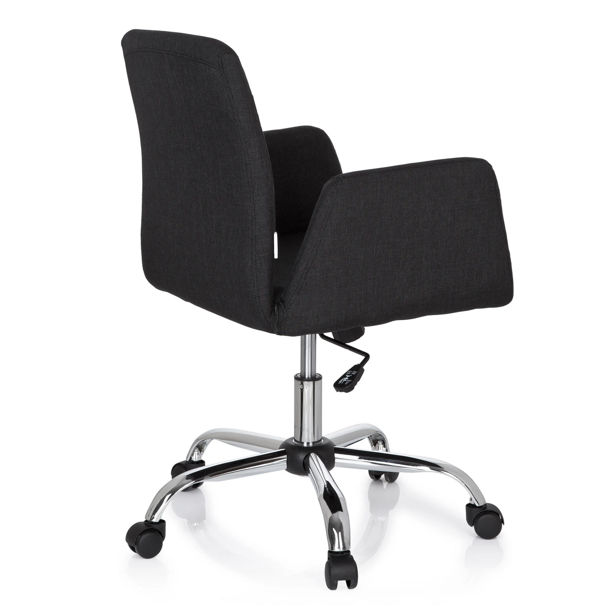 Schwarzer Homeoffice-Bürostuhl FLOW mit Armlehnen und glänzendem Fußkreuz mit fünf Rollen von hjh OFFICE – 360-Grad-Ansicht (schräge Rückenansicht 120°)