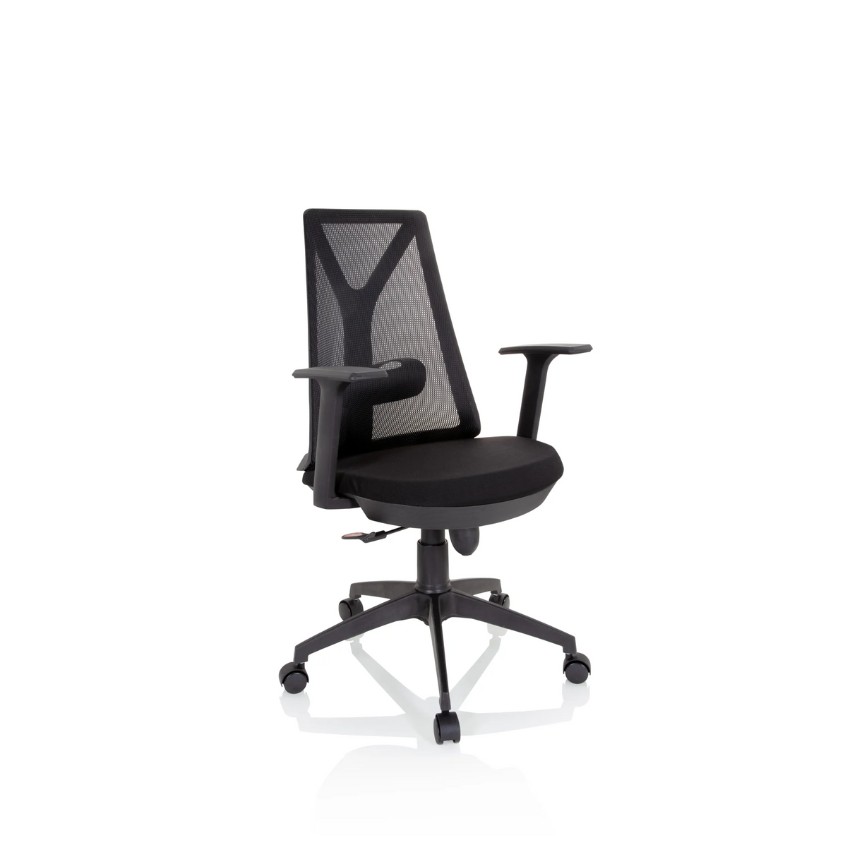 Schwarzer Homeoffice-Bürostuhl FALUN BASIC mit Netzrücken und Fußkreuz mit fünf Rollen von hjh OFFICE – 360-Grad-Ansicht (schräge Frontansicht 40°)