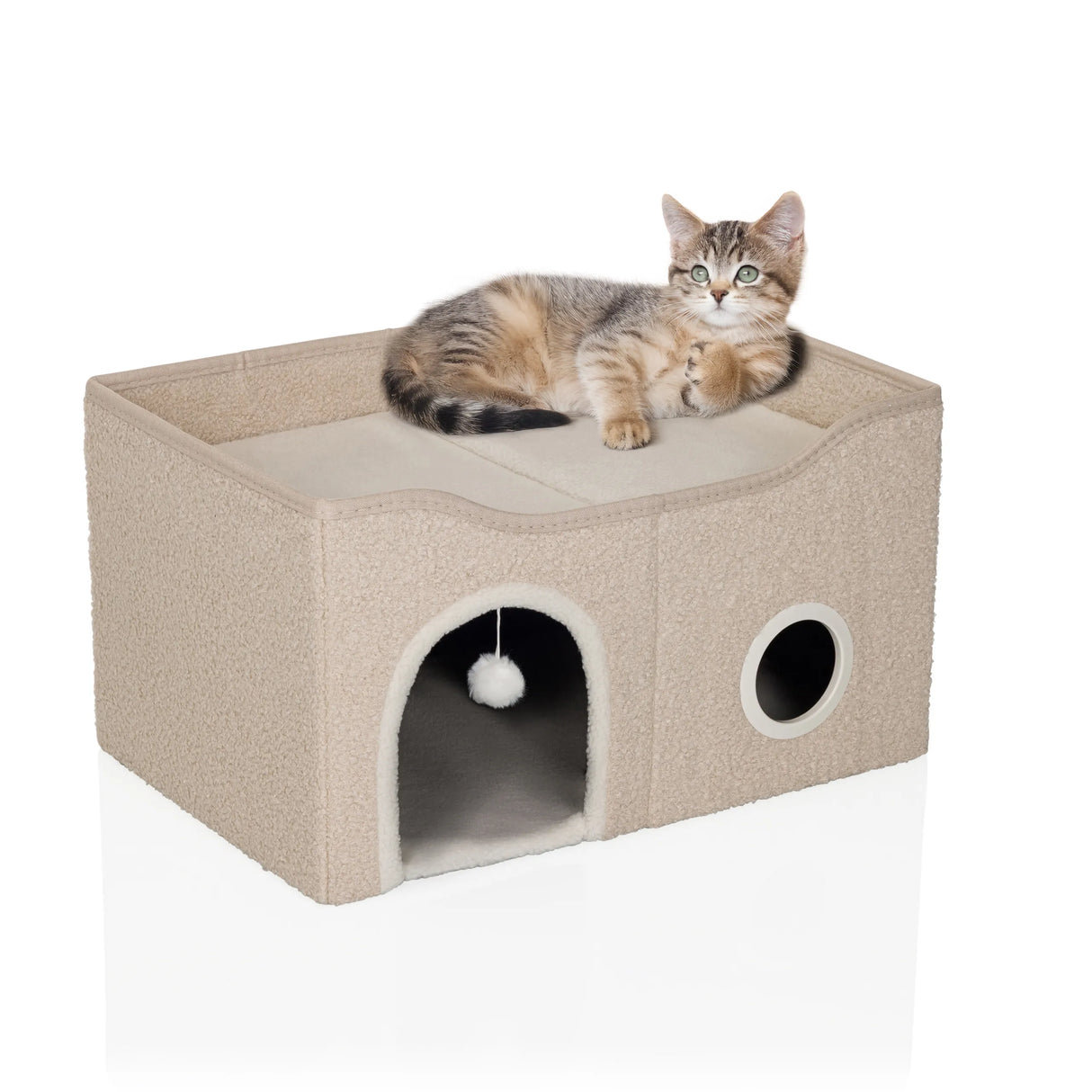 Beige Katzenhöhle PAWY EB mit Spielballen und Liegefläche für eine Katze von hjh LIVING