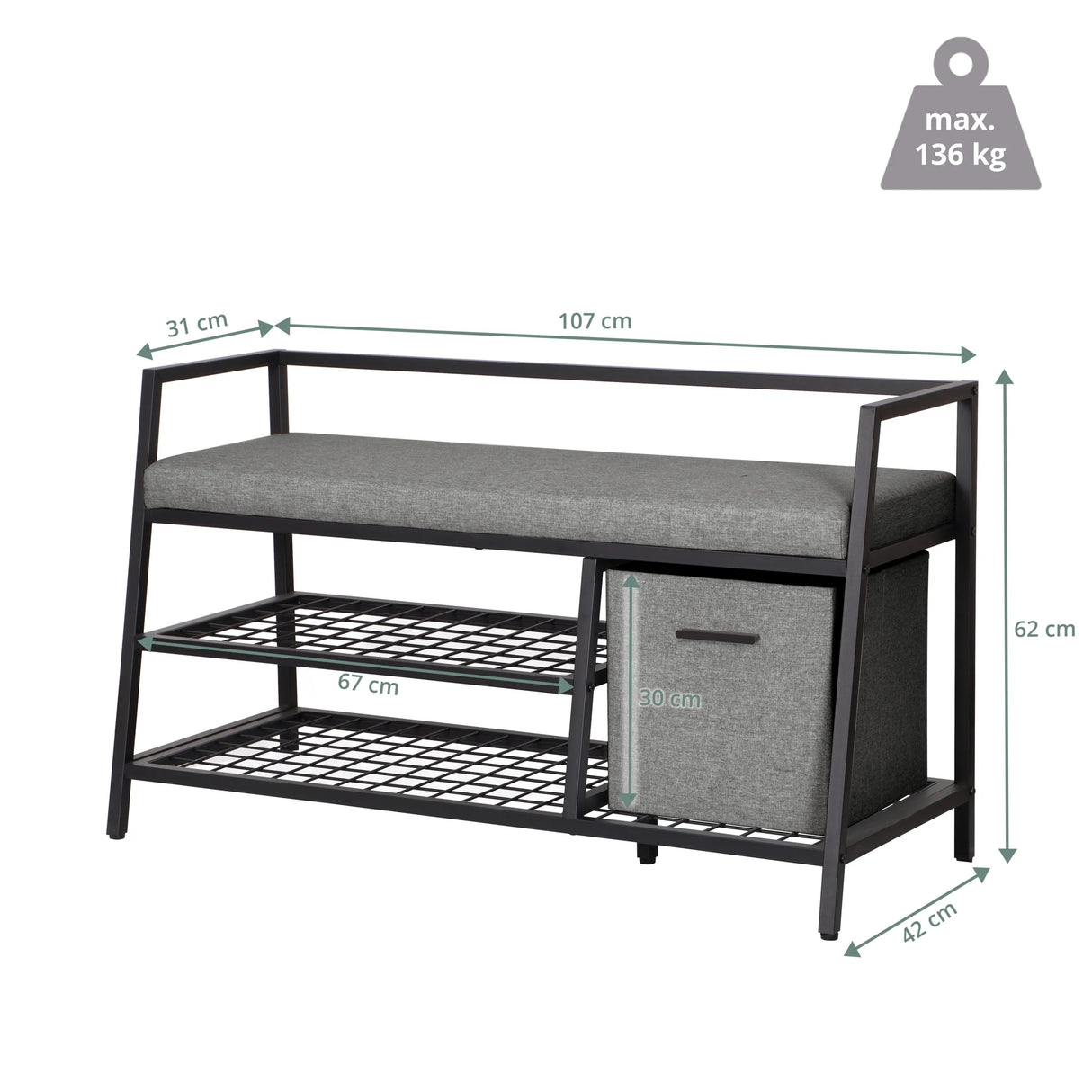 Maßzeichnung des Schuhschranks Estha Loft mit 107 × 62 cm und maximaler Belastbarkeit von 136 kg von hjh LIVING