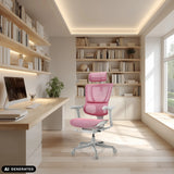 Rosa Luxus-Chefsessel ERGOHUMAN SLIM G GEN2 mit Netzrücken in einem hellen Büro von hjh OFFICE (KI-generiertes Bild)