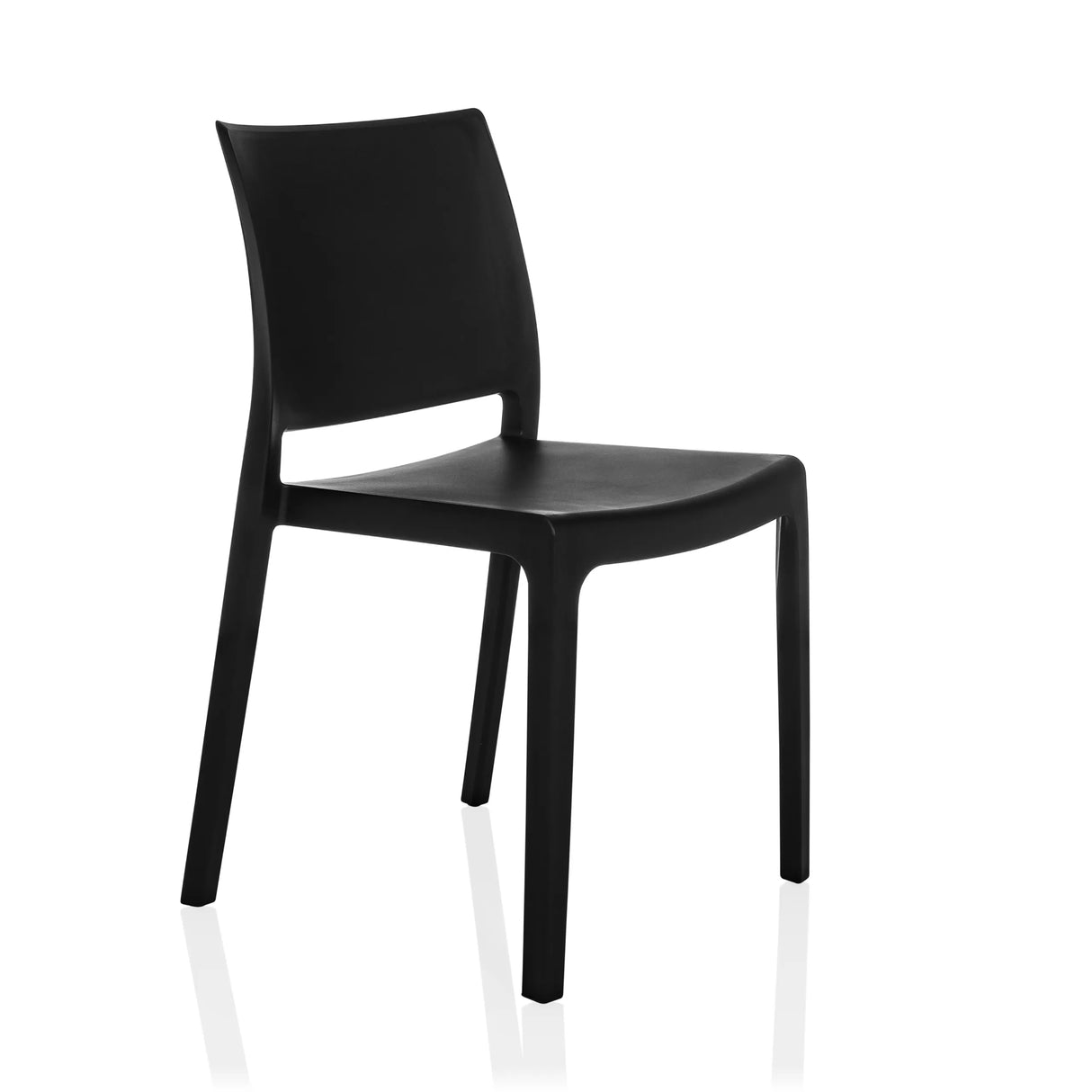 Schwarzer Outdoor-Stuhl T37 V mit schlichter Rückenlehne und vier Beinen von hjh LIVING – 360-Grad-Ansicht (schräge Frontansicht 45°)