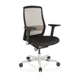 Schwarzer High-End-Bürostuhl FOUNTAINE mit Netzrücken und einem Fußkreuz mit fünf Rollen von hjh OFFICE – 360-Grad-Ansicht (schräge Frontansicht 40°)
