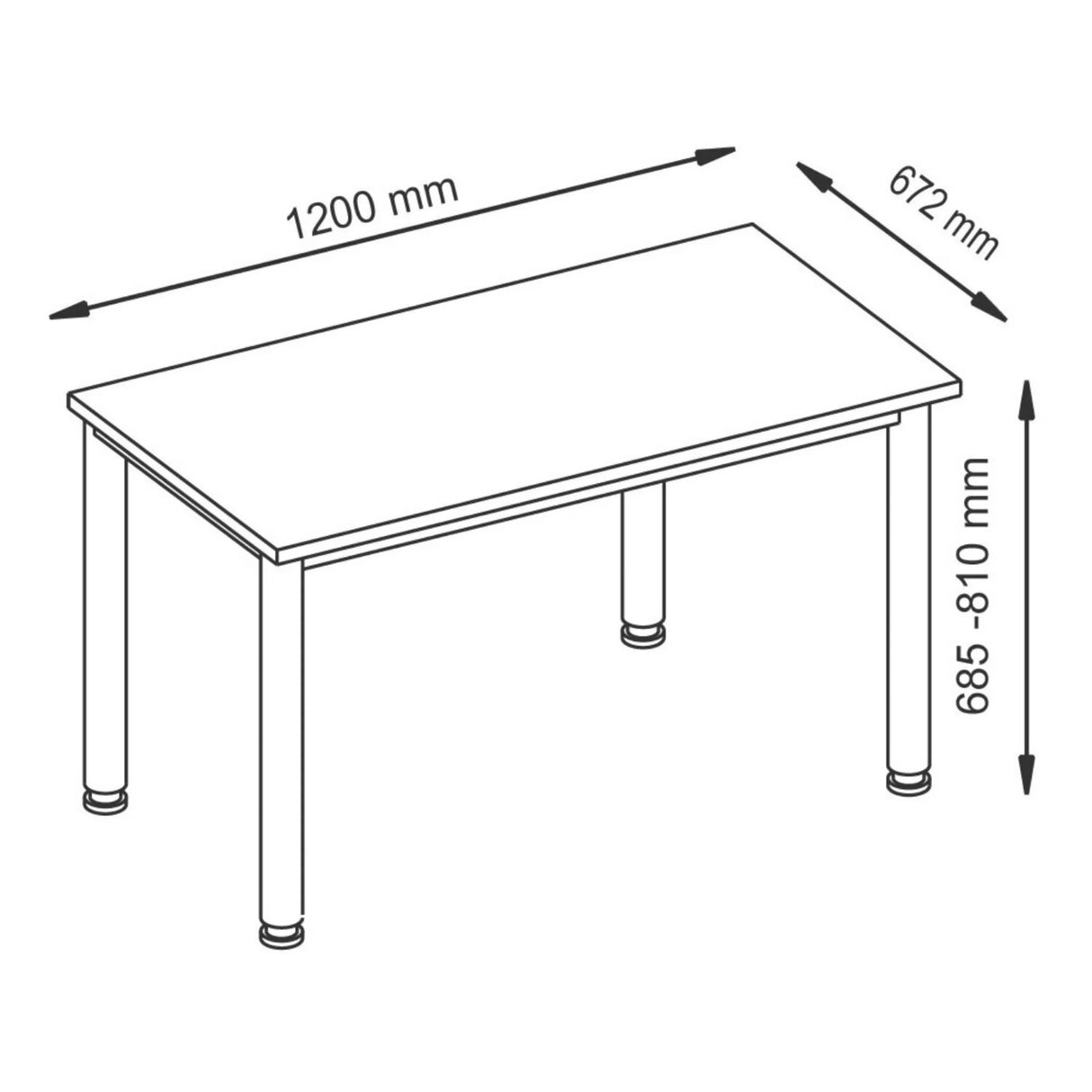 Maßzeichnung des Schreibtisches HILO 612 S mit den Maßen 1200 x 672 mm und einer Höhe von 685-810 mm von hjh OFFICE PRO