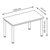 Maßzeichnung des Schreibtisches HILO 612 S mit den Maßen 1200 x 672 mm und einer Höhe von 685-810 mm von hjh OFFICE PRO