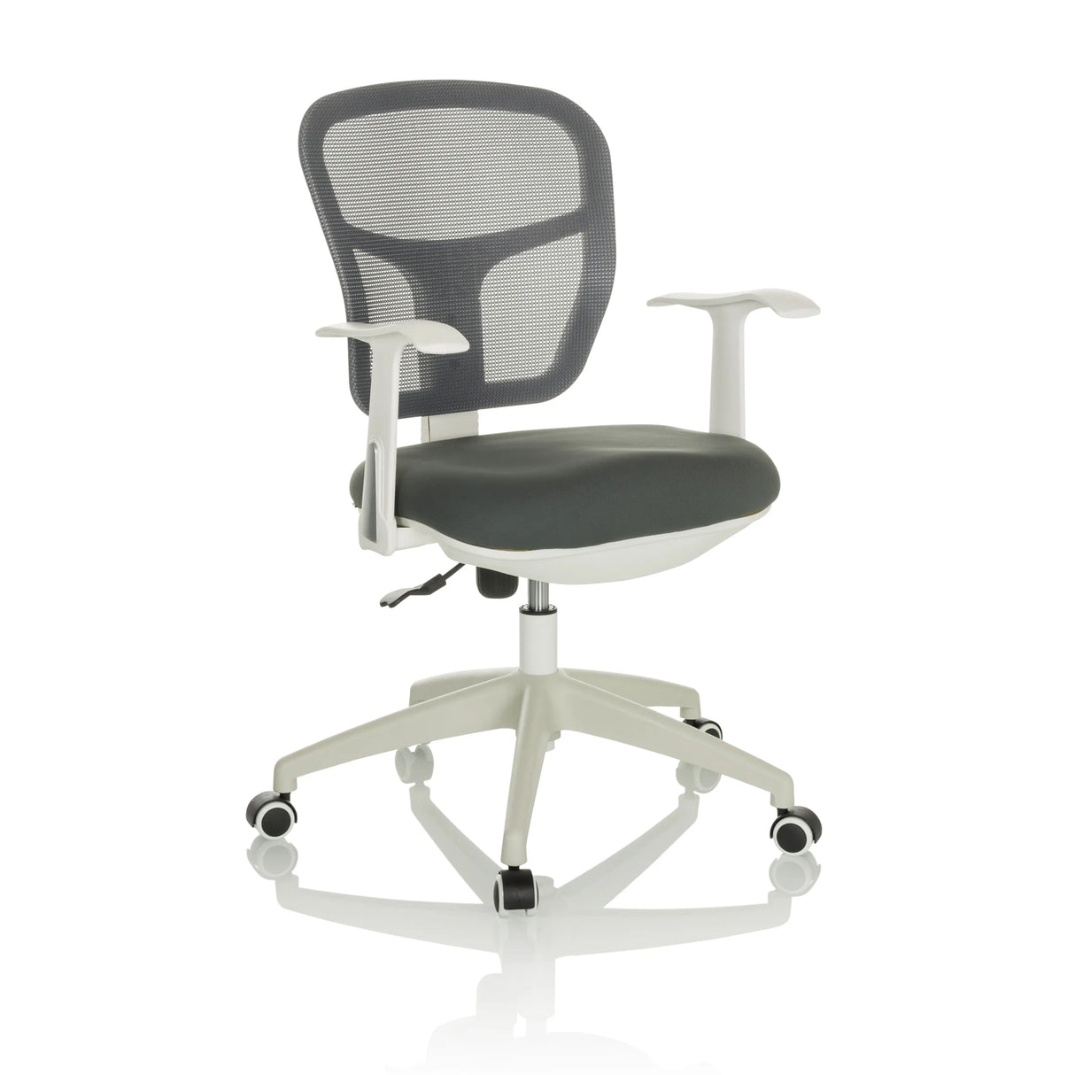 Grauer Homeoffice-Bürostuhl TOP 108 W mit Netzrücken und Fußkreuz mit fünf Rollen von hjh OFFICE – 360-Grad-Ansicht (schräge Frontansicht 30°)