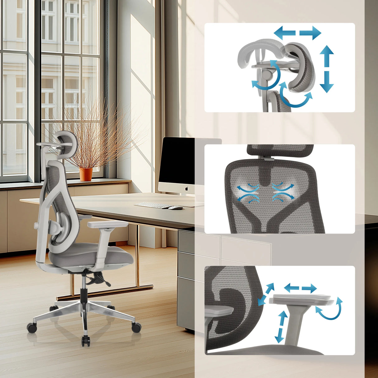 Verstellbare Kopfstütze, Lendenwirbelstütze und Armlehnen des High-End-Bürostuhls CASSILIS W von hjh OFFICE