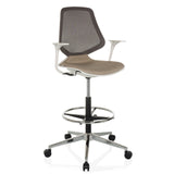 Beiger Counterstuhl TOP WORK STYLE mit Netzrücken, Fußring und Fußkreuz mit fünf Rollen von hjh OFFICE – 360-Grad-Ansicht (schräge Frontansicht 30°)