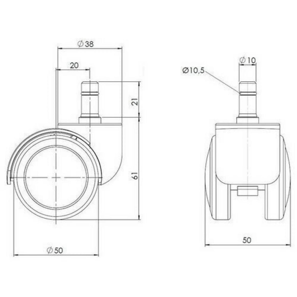 Technische Zeichnung der Stuhlrolle 5x ROLO 10mm/50mm mit einem Durchmesser von 50 mm von hjh OFFICE