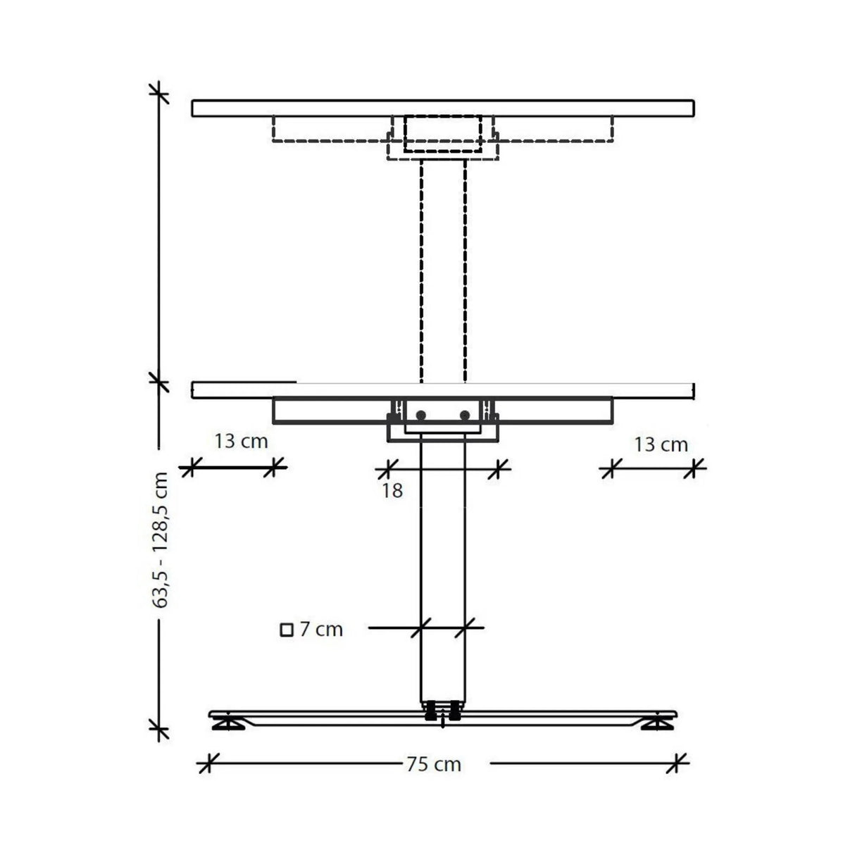Maßzeichnung des elektrisch höhenverstellbaren Schreibtischs XDSM 19 S mit einer Höhe von 63,5–128,5 cm von hjh OFFICE PRO