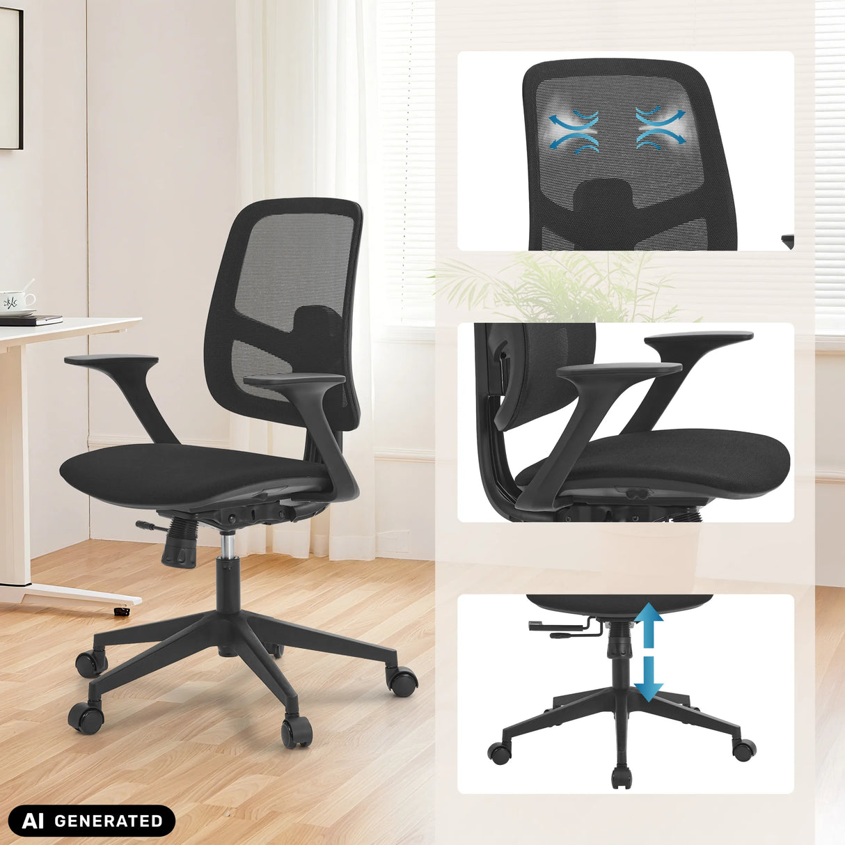 Homeoffice-Bürostuhl Malio in Schwarz mit Netzrücken und höhenverstellbarem Fußkreuz von hjh OFFICE (KI-generiertes Bild)