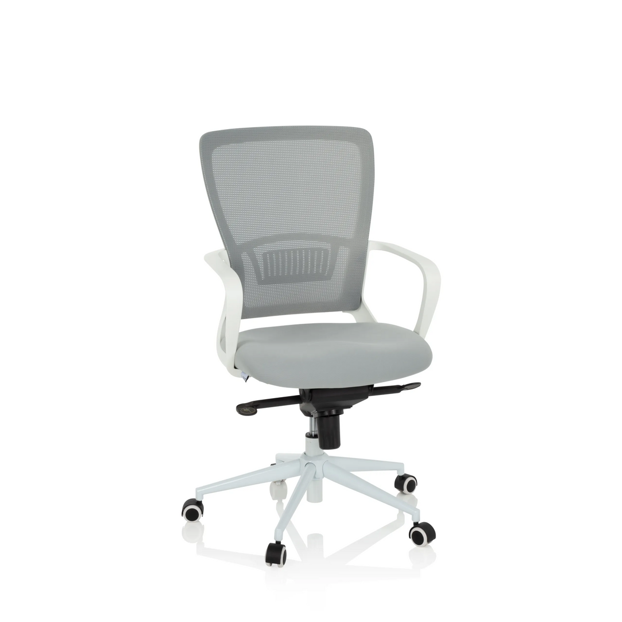 Grauer Homeoffice-Bürostuhl ESTRIA mit Netzrücken und Fußkreuz mit fünf Rollen von hjh OFFICE – 360-Grad-Ansicht (Frontansicht 20°)