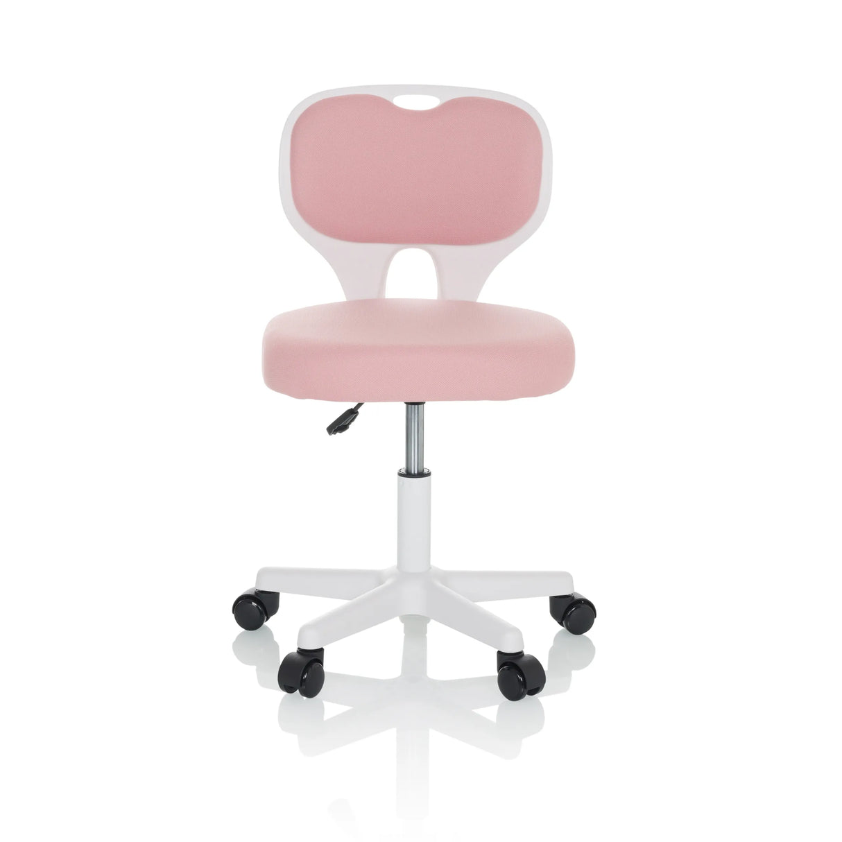 Rosa Kinderdrehstuhl KIDDY TOP W mit weißem Gestell und Fußkreuz mit fünf Rollen von hjh OFFICE – 360-Grad-Ansicht (Frontansicht 0°)
