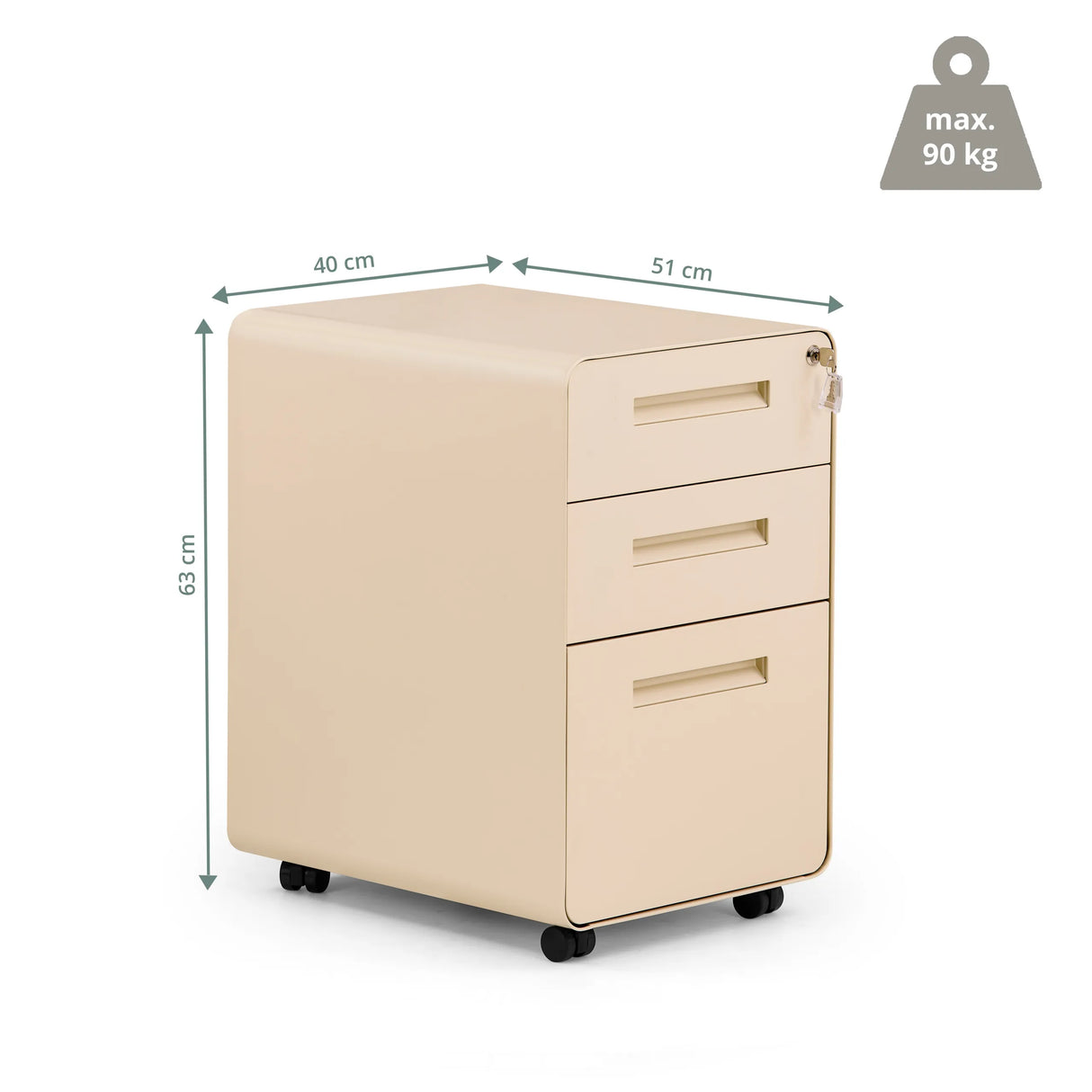 Maßzeichnung des Rollcontainers COLOR PLUS I mit 51 × 40 cm und maximal 90 kg Belastbarkeit von hjh OFFICE