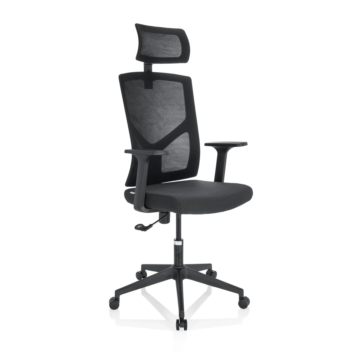Schwarzer Homeoffice-Bürostuhl BRETON B mit Netzrücken, Kopfstütze und Fußkreuz mit fünf Rollen von hjh OFFICE – 360-Grad-Ansicht (schräge Frontansicht 40°)