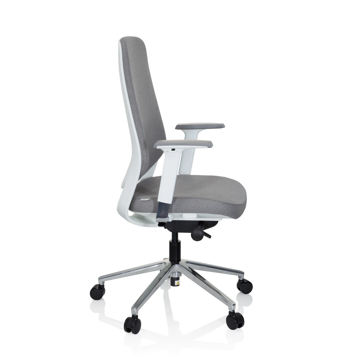 Grauer Profi-Bürostuhl CHIARO T4 WHITE mit Armlehnen und einem Fußkreuz mit fünf Rollen von hjh OFFICE – 360-Grad-Ansicht (Seitenprofil 80°)