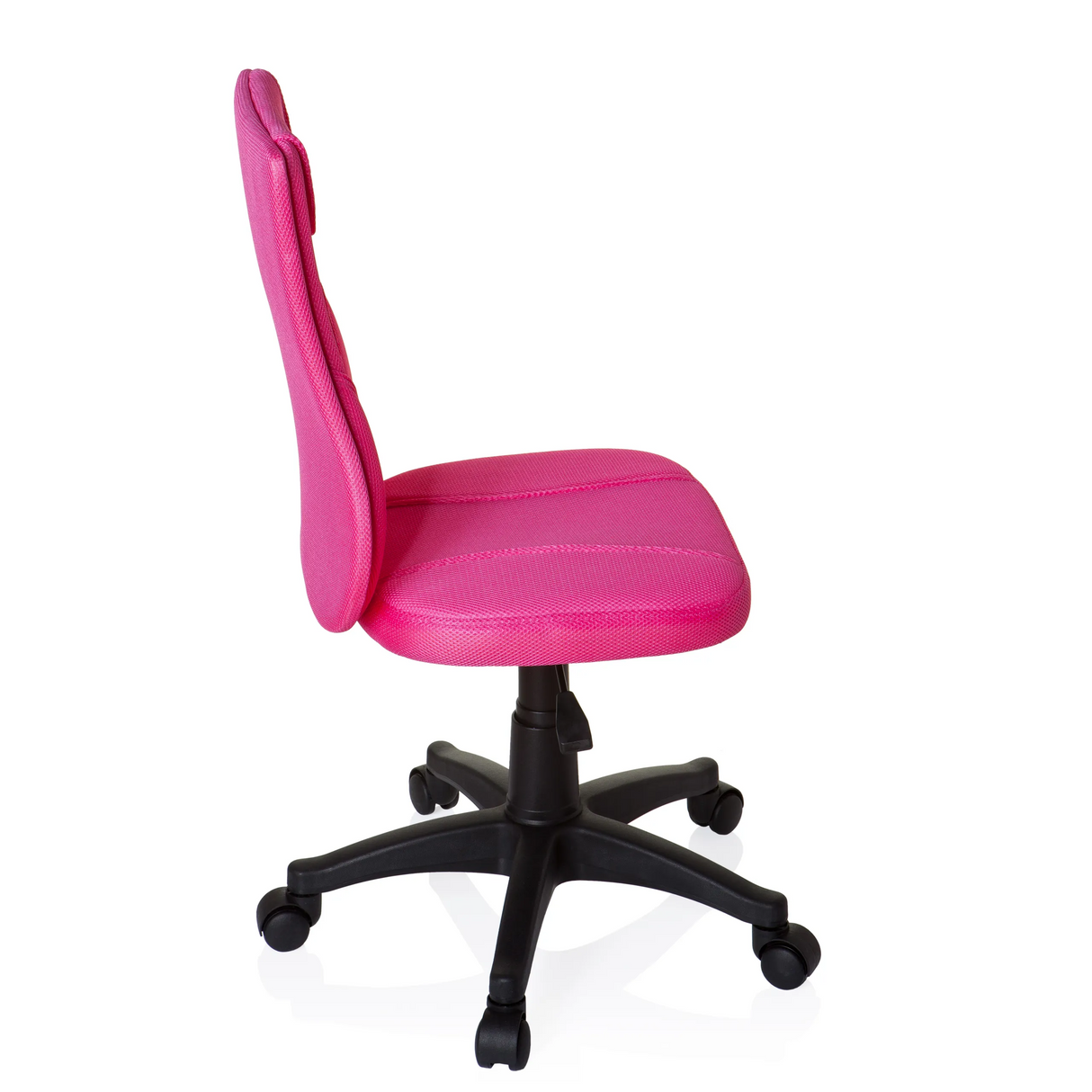 Pinker Kinderdrehstuhl KIDDY BASE mit Netzrücken und schwarzem Fußkreuz mit fünf Rollen von hjh OFFICE – 360-Grad-Ansicht (Seitenprofil 100°)