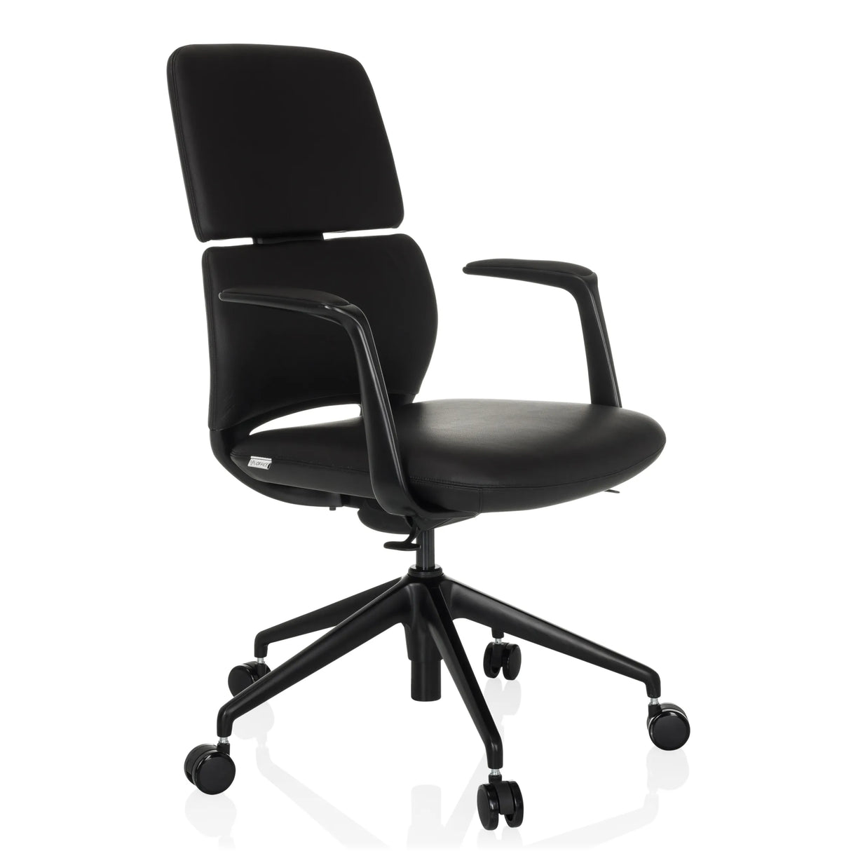 Schwarzer Profi-Bürostuhl ATMOS DESIGNER mit Armlehnen und Fußkreuz mit fünf Rollen von hjh OFFICE – 360-Grad-Ansicht (schräge Frontansicht 45°)