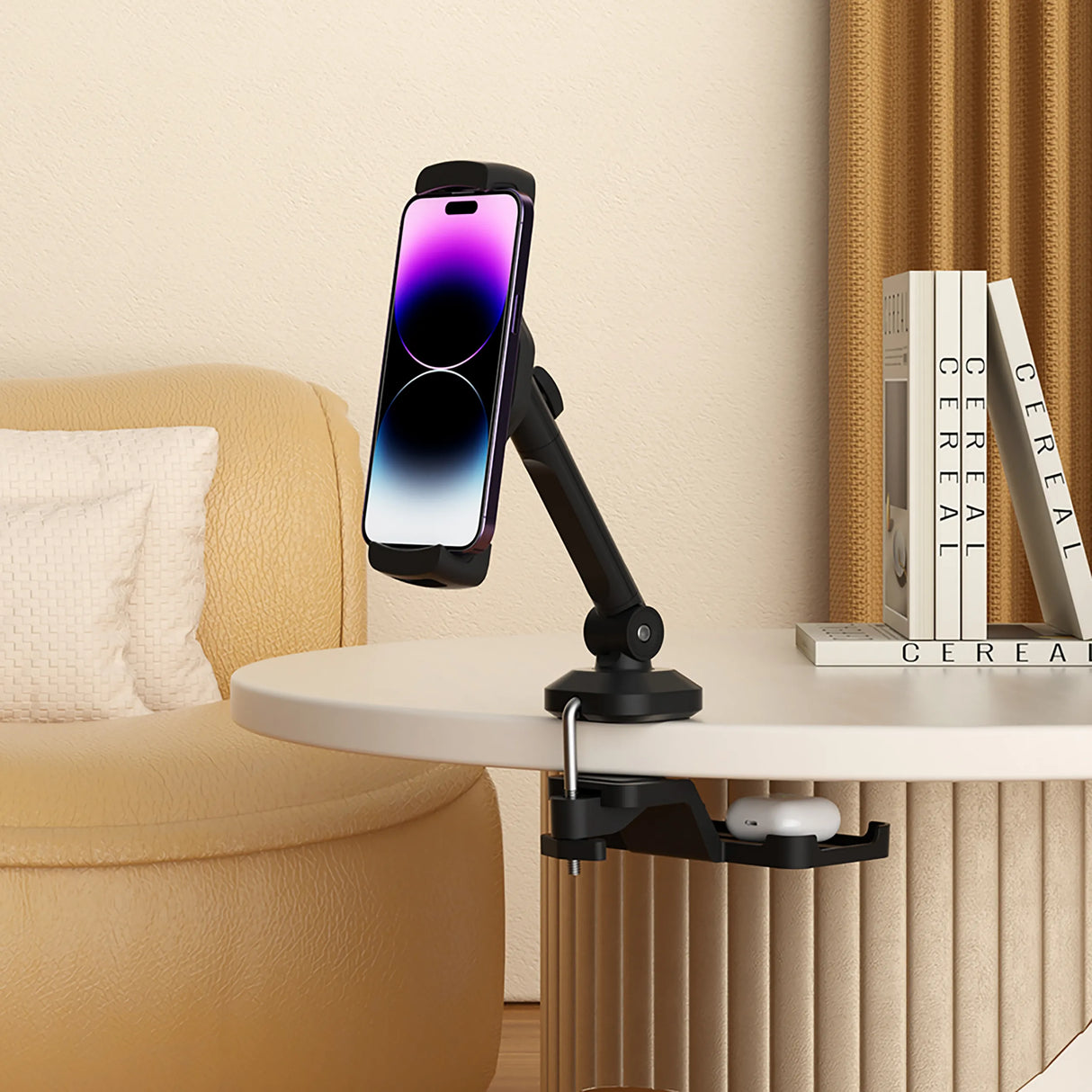 Schwarze Handy- und Tablethalterung FLEXMOBI III mit flexibler Klemme und Ablage von hjh OFFICE