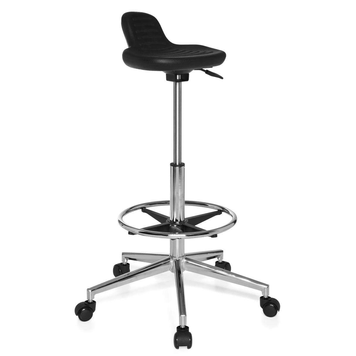 Schwarzer Drehhocker TOP WORK 03 mit Fußring und Fußkreuz mit fünf Rollen von hjh OFFICE – 360-Grad-Ansicht (schräge Frontansicht 40°)