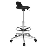 Schwarzer Drehhocker TOP WORK 03 mit Fußring und Fußkreuz mit fünf Rollen von hjh OFFICE – 360-Grad-Ansicht (schräge Frontansicht 40°)