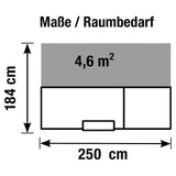 Technische Zeichnung der Empfangstheke SUNSET I mit 250 × 184 cm und 4,6 m² Raumbedarf von Kerkmann