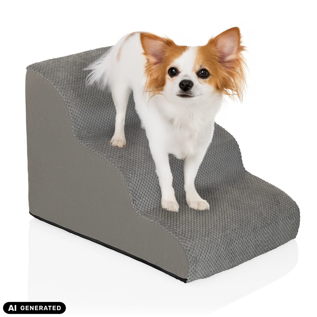 Graue Haustiertreppe PAWY STEP 3 mit einem kleinen Hund von hjh LIVING (KI-generiertes Bild)