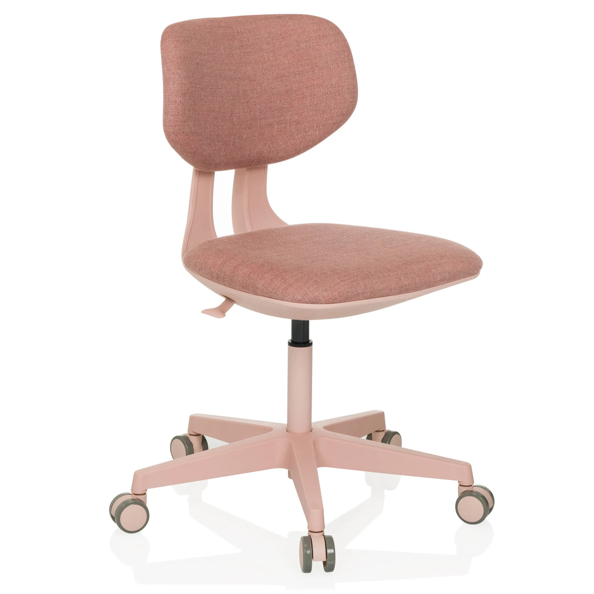 Rosa Kinderdrehstuhl KID COLORE mit gepolsterten Flächen und Fußkreuz mit fünf Rollen von hjh OFFICE – 360-Grad-Ansicht (schräge Frontansicht 30°)