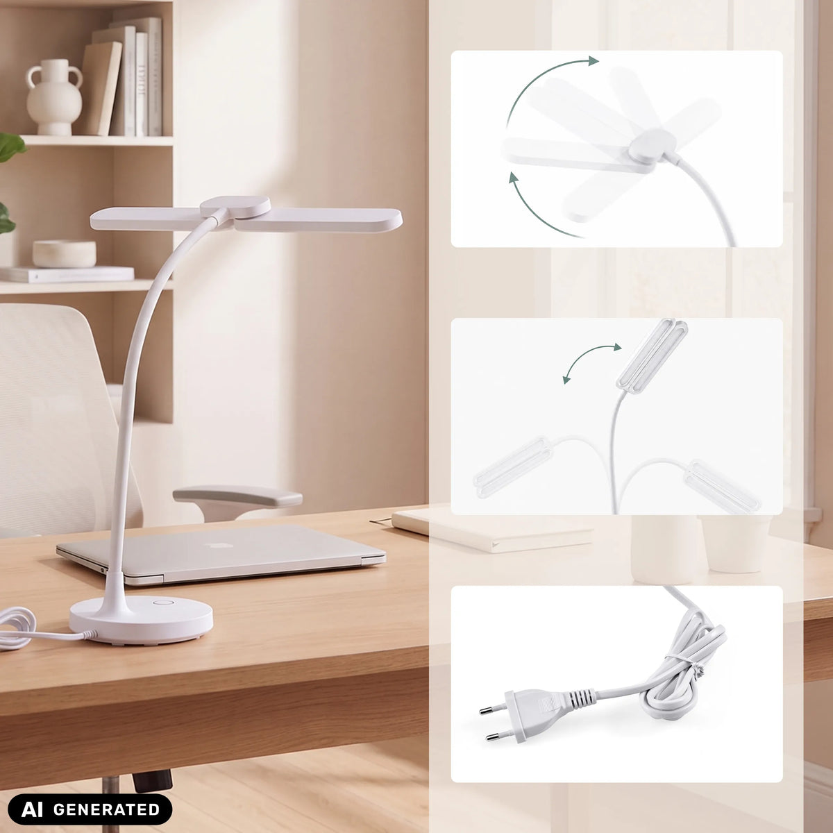 Weiße Schreibtischlampe Lumanova D6 mit flexiblem Hals und Netzkabel von hjh OFFICE (KI-generiertes Bild)