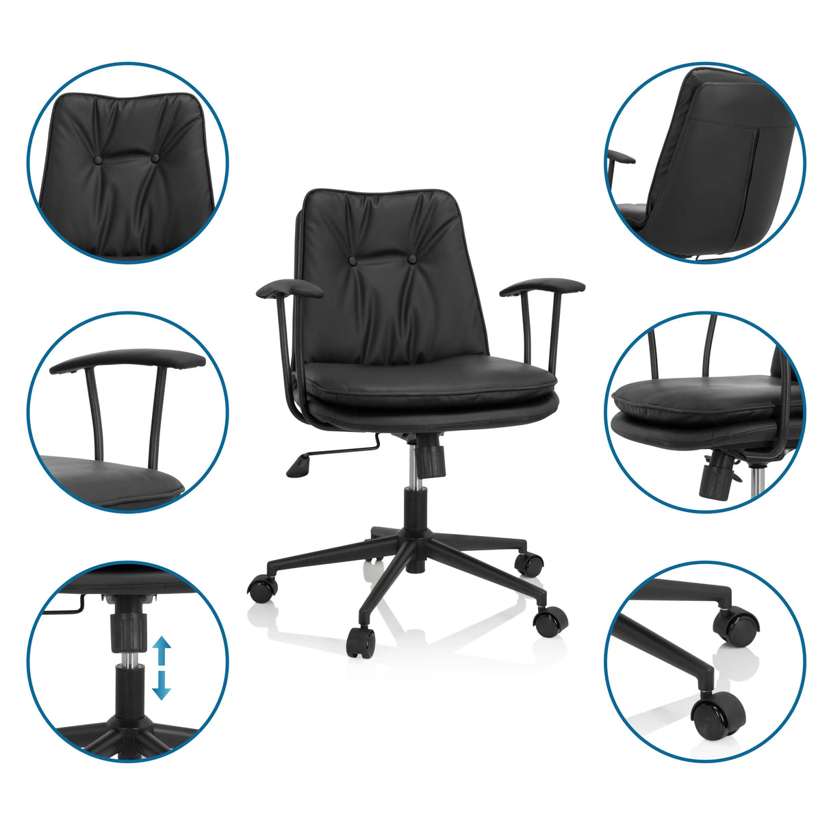 Schwarzer Home-Office-Bürostuhl SMALLO mit Detailansichten von Rückenlehne, Armlehnen und Rollen von hjh OFFICE