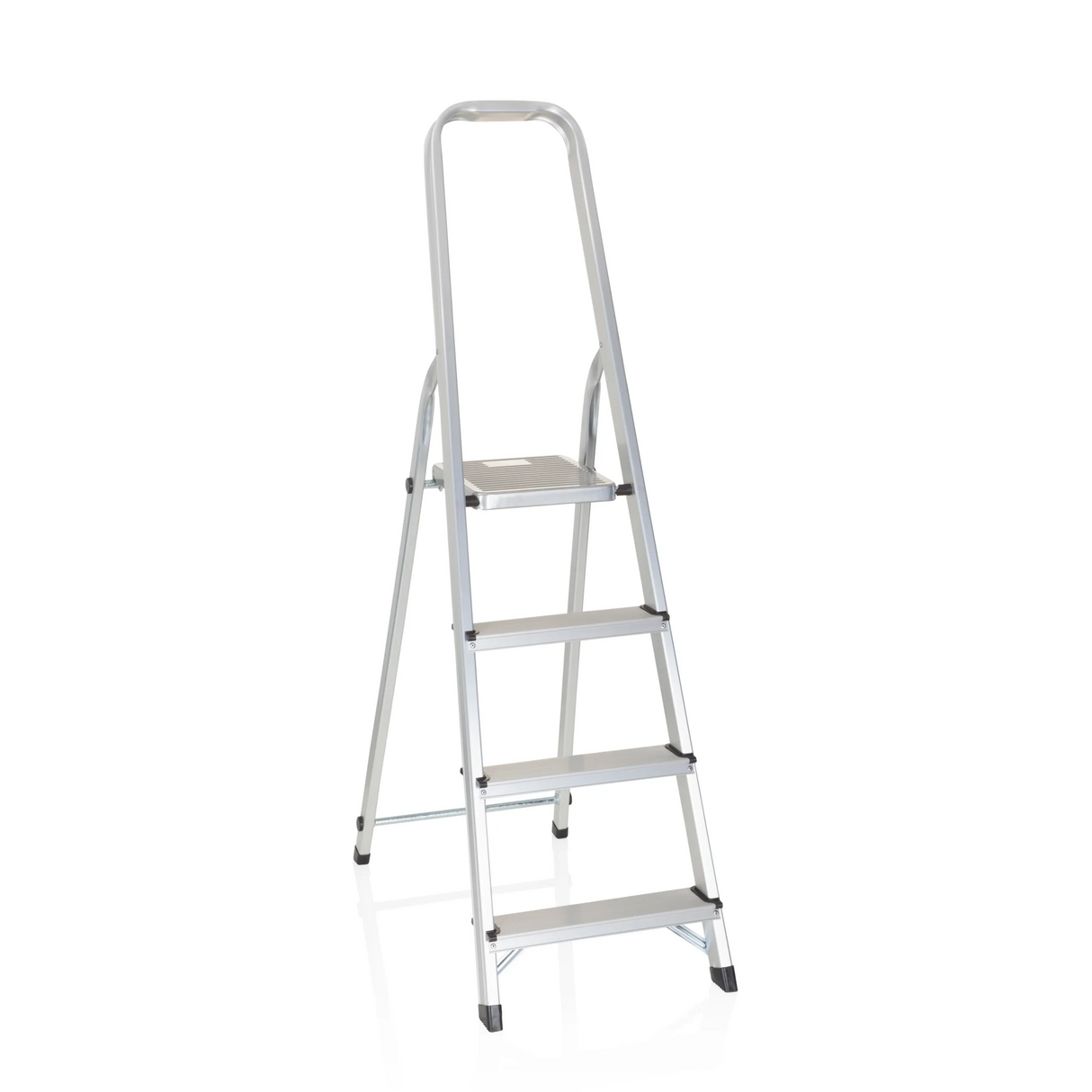 Silberne Klappleiter SOLID II aus Aluminium mit vier Stufen und Handgriff von hjh OFFICE – 360-Grad-Ansicht (Frontansicht 20°)