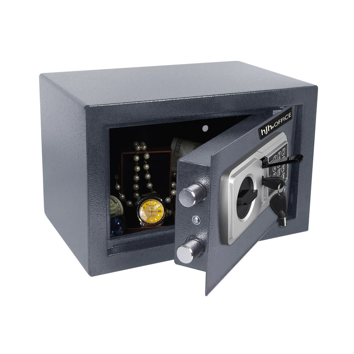 Geöffneter Tresor Safe Compact Basic in Anthrazit mit digitalem Zahlenschloss und Inhalt von hjh OFFICE