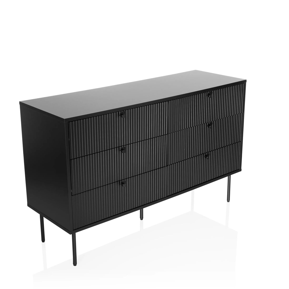 Schwarzes Sideboard KARBY S mit vertikal gerillten Fronten und sechs Knaufgriffen von hjh LIVING – 360-Grad-Ansicht (schräge Frontansicht 30°)