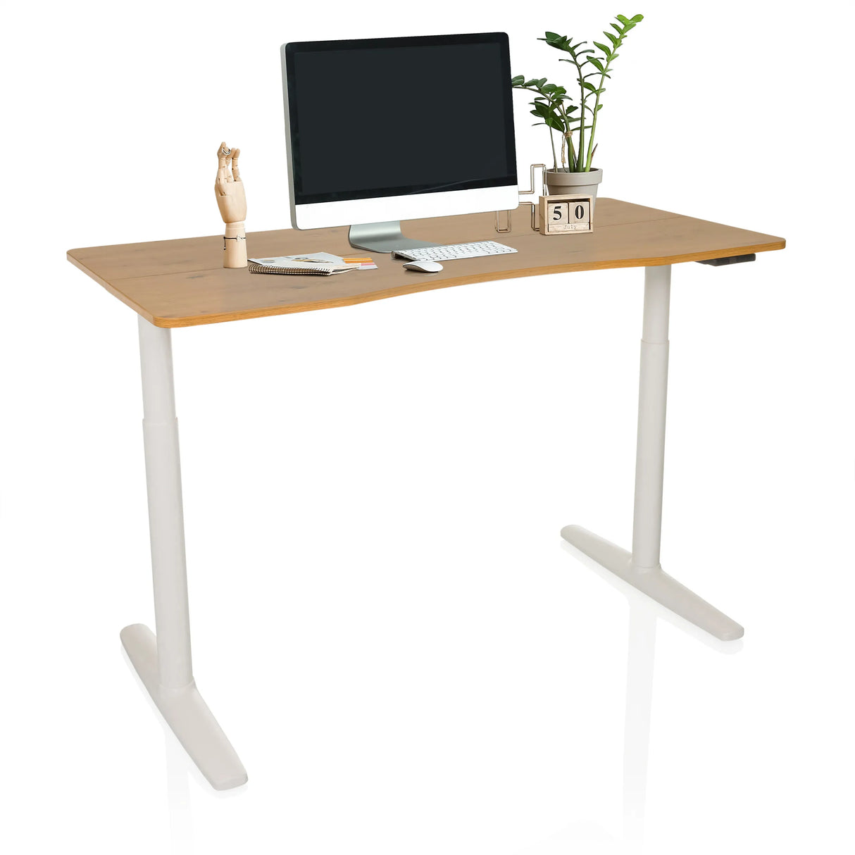 Elektrisch höhenverstellbarer Schreibtisch STAND PRO R in Eiche mit weißen Beinen von hjh OFFICE