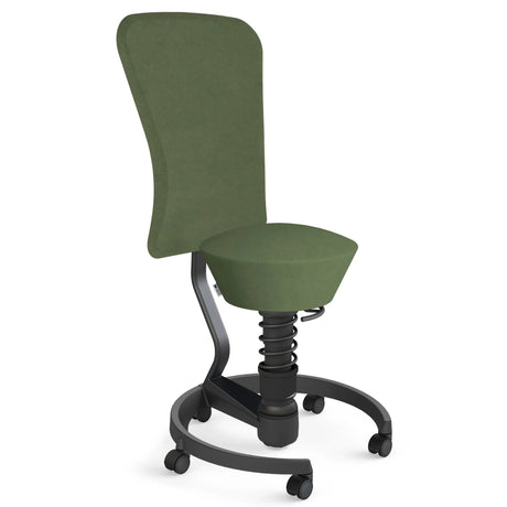 Swopper-Hocker AERIS SWOPPER MIT ROLLEN UND LEHNE mit grünem Mikrofaserbezug und schwarzem Fußkreuz von Aeris - Impulsmöbel