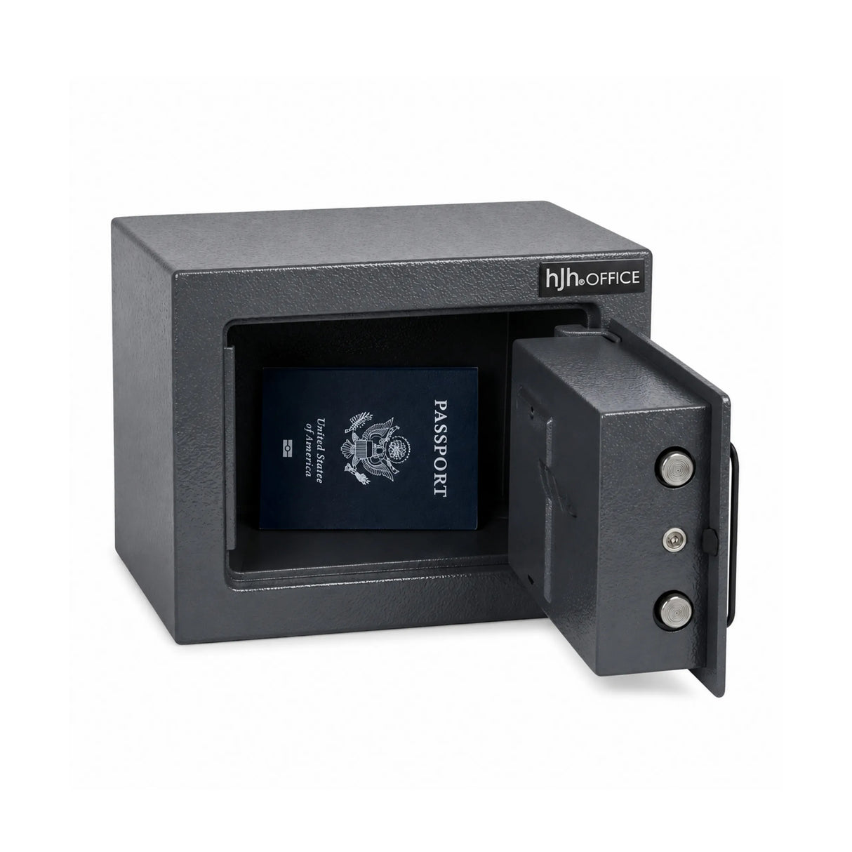 Geöffneter Tresor Safe Compact Mini in Anthrazit mit einem darin liegenden Reisepass von hjh OFFICE